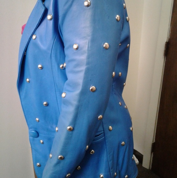 Leather studded jacket Teal color - Picture 7 of 8